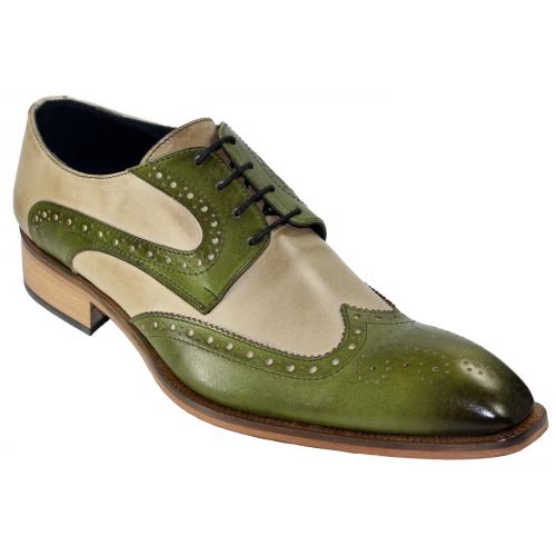 Duca Di Matiste 0407 Olive / Taupe Genuine Calfskin Medallion Toe Perforated Lace-up Shoes.